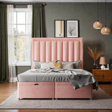 Antonella Ottoman storage divan bed set with upholstered headboard and fabric finish, featuring built-in storage compartments.