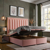 Antonella Ottoman storage divan bed set with upholstered fabric and wooden legs, featuring a spacious storage drawer under the bed.