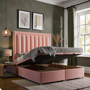 Antonella Ottoman Divan Bed Set with storage drawers, upholstered in soft fabric, featuring a padded headboard and modern design.