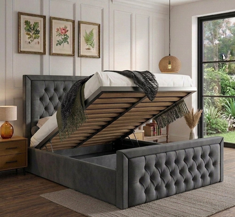 Anya Ottoman Storage Bed Frame from Mattress Supermarket, showing a stylish wooden bed with built-in storage drawers.