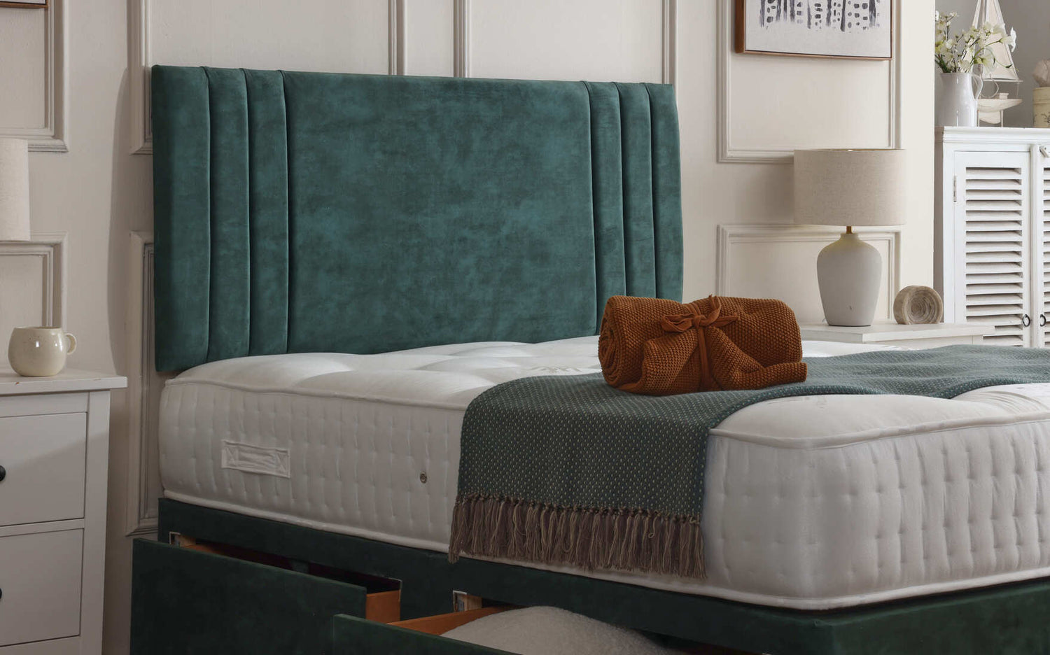 Athens divan bed set with matching headboard, featuring a sleek upholstery and modern design for a stylish bedroom setup.