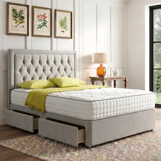 Belgrave divan bed set with button border headboard in a modern fabric, placed in a bedroom setting with neutral decor.
