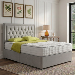 Belgrave divan bed set with button border headboard, featuring a plush upholstered design and sturdy wooden frame.