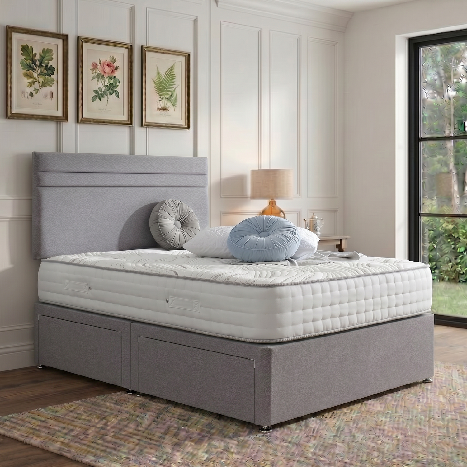 Berlin divan bed set with headboard, featuring a modern upholstered design and clean lines for a stylish bedroom look.