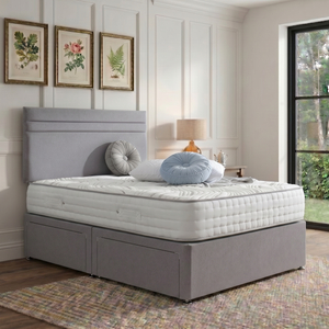 Berlin divan bed set with headboard, featuring a modern upholstered design and clean lines for a stylish bedroom look.