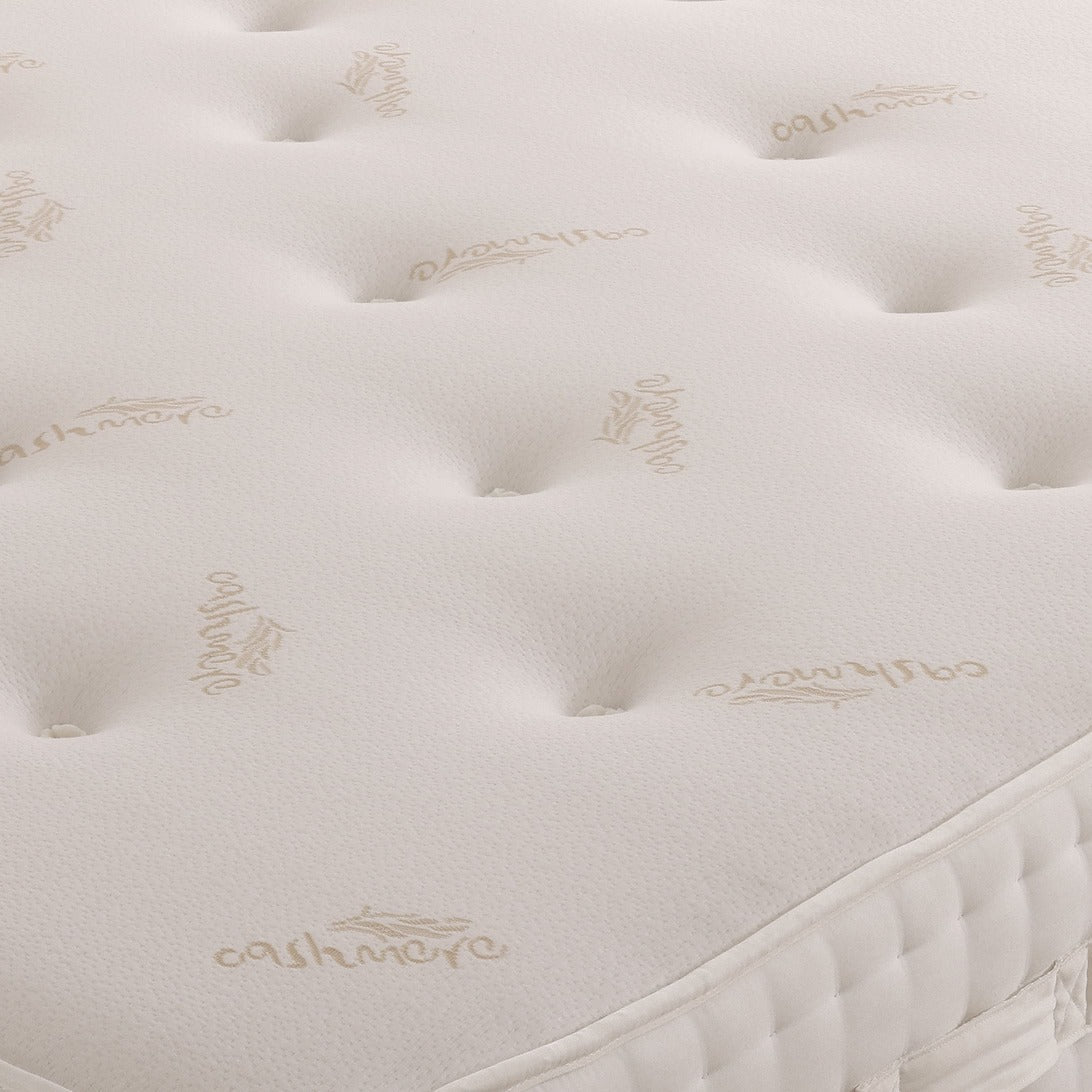 Cashmere 1000 Pocket Sprung Mattress with plush fabric cover, showcasing luxurious comfort and supportive design.