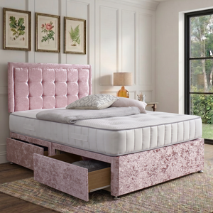 Chelsea divan bed set with button border headboard, featuring a plush fabric finish and sturdy wooden legs for a stylish bedroom upgrade.
