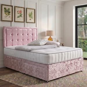 Chelsea Divan Bed Set with button border headboard, featuring a modern fabric design and sturdy wooden legs.