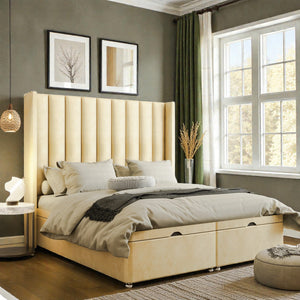 Caterina wingback ottoman divan bed set with storage drawers, upholstered in fabric, featuring a classic wingback design and plush headboard.
