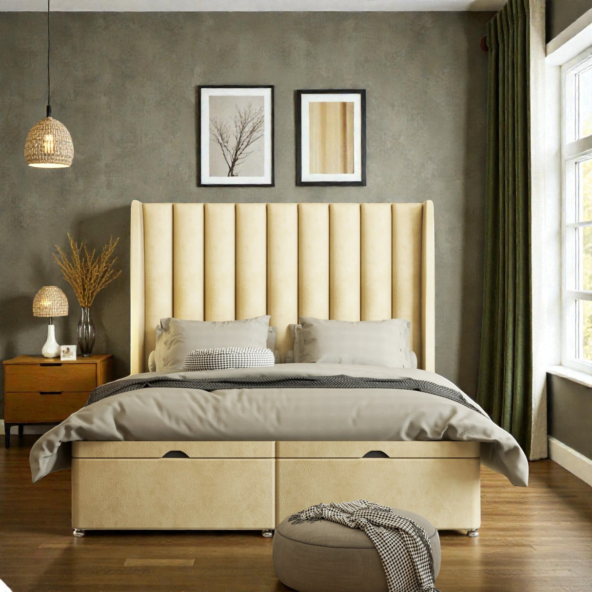 Caterina wingback Ottoman storage divan bed set with upholstered headboard and built-in storage drawers in a modern bedroom setting.