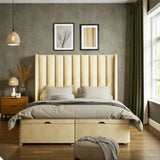 Caterina wingback Ottoman storage divan bed set with upholstered headboard and built-in storage drawers in a modern bedroom setting.