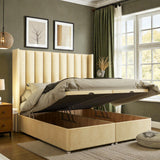 Caterina wingback Ottoman storage divan bed set with upholstered headboard and built-in storage drawers in a modern bedroom setting.