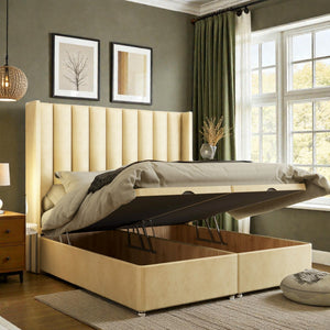 Caterina wingback ottoman divan bed set with storage drawers, upholstered in fabric, featuring a high wingback headboard and modern style.