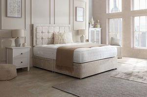 Chelsea divan bed set with button border headboard, featuring a sleek upholstered finish and sturdy base for comfortable sleep.