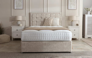 Chelsea divan bed set with button border headboard, featuring a modern upholstered design and sturdy base for comfortable sleeping.