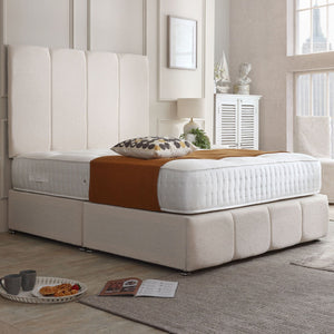 Kylie divan bed set with tall button-tufted headboard and footboard, featuring a sleek, modern design for Bedroom comfort.