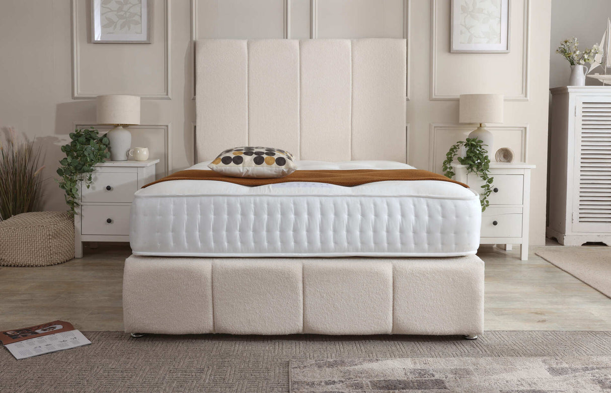 Kylie divan bed set with tall button-tufted headboard and matching footboard, featuring a sleek design and upholstered finish.