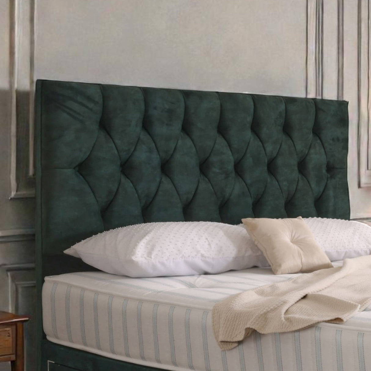 Zurich divan bed set with button-tufted headboard, showcasing a modern bedroom furniture piece from Mattress Supermarket.