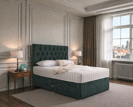 Zurich divan bed set with button-tufted headboard and matching mattress, stylish and comfortable bedroom furniture from Mattress Supermarket