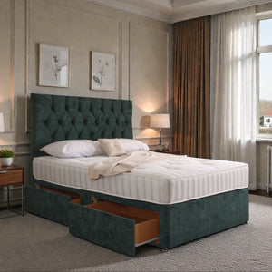 Zurich divan bed set with button-tufted headboard, upholstered in neutral fabric, shown in a modern bedroom setting.