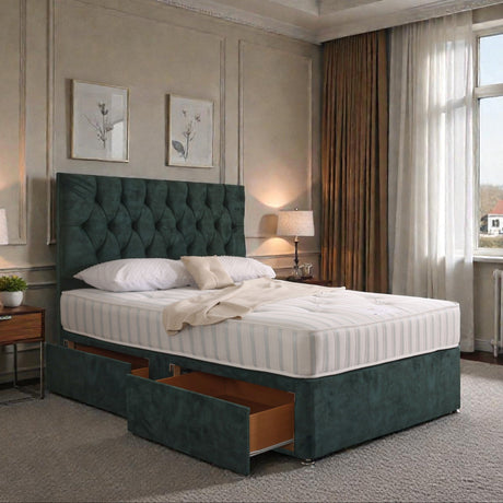 Zurich divan bed set with button-tufted headboard, upholstered in neutral fabric, shown in a modern bedroom setting.