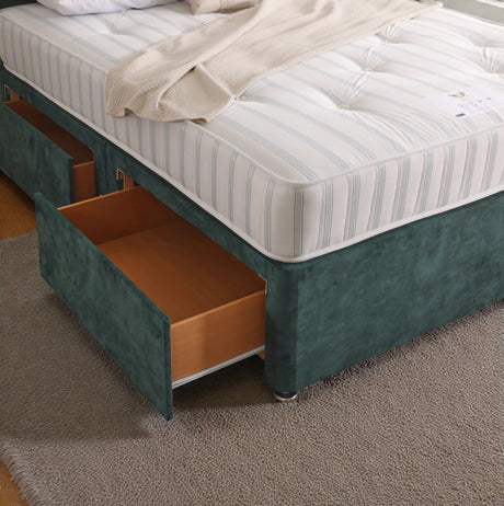 Zurich divan bed set with button-tufted headboard and matching mattress, featuring a sleek, modern design for stylish bedroom decor