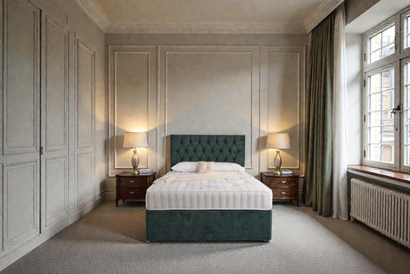 Zurich divan bed set with button-tufted headboard and matching base, featuring plush upholstery and modern design.