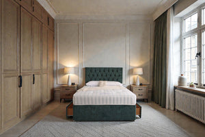 Zurich divan bed set with button-tufted headboard and matching bed base, made by Mattress Supermarket.