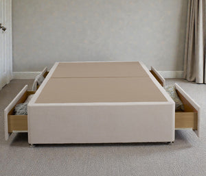 Platform top divan bed base in dark fabric with a sturdy wooden frame, designed for use with mattresses.