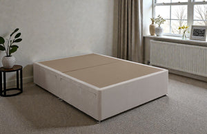 Platform top divan bed base from Mattress Supermarket, showcasing the sturdy fabric-covered divan base with storage drawers.