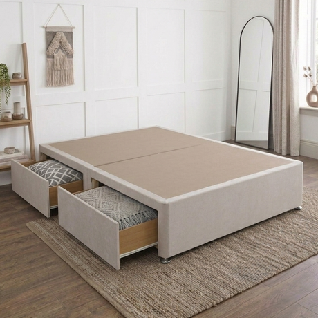 Platform top divan bed base from Mattress Supermarket, showing a sturdy fabric-covered divan base with storage drawers.