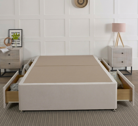 Platform top divan bed base from Mattress Supermarket, showing a sturdy fabric-covered divan base with storage drawers.
