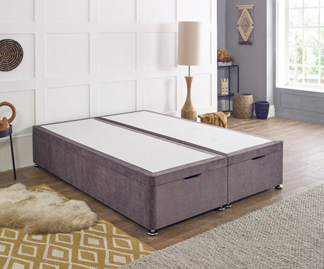 End Lift Ottoman storage divan bed base in beige fabric, featuring a sturdy design and cushioned top for comfort and storage.