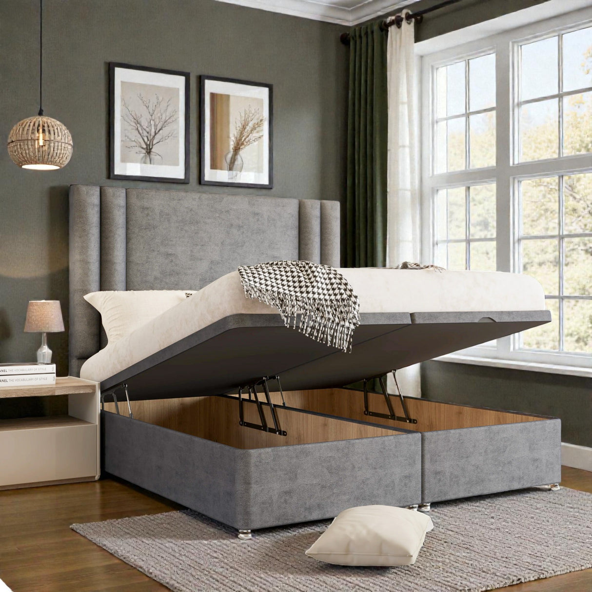 Elena Ottoman Storage Divan Bed Set with upholstered fabric and built-in storage compartment, in a modern bedroom setting.