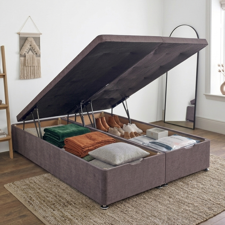 End lift ottoman storage divan bed base by Mattress Supermarket, showing the sturdy fabric-covered structure with lift mechanism.