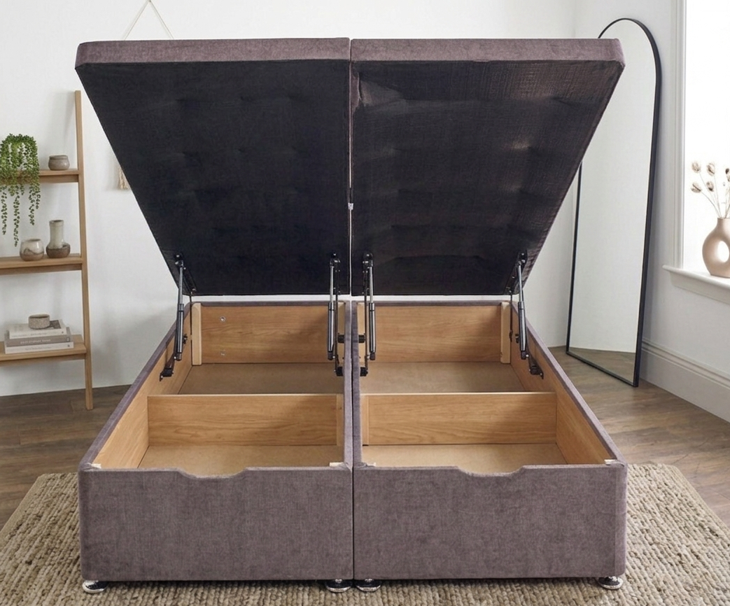 End lift ottoman storage divan bed base from Mattress Supermarket with a sleek fabric finish and built-in lift mechanism.