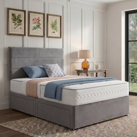 Florence divan bed set with matching headboard, showcasing a modern upholstered design with soft fabric and sturdy frame.