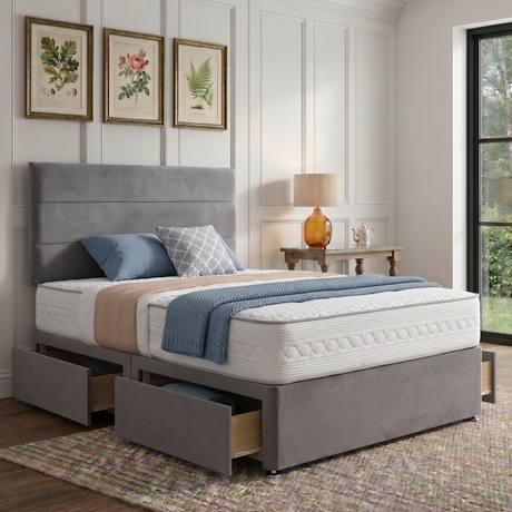 Elegant Florence divan bed set with padded headboard, featuring a sleek modern design and neutral fabric upholstery.