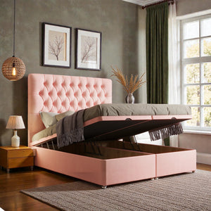 Isabella Ottoman Divan Bed Set with upholstered fabric, storage drawers, and a padded headboard for bedroom comfort.