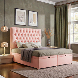 Isabella Ottoman Divan Bed Set with storage drawers and upholstered fabric in a modern bedroom setting.
