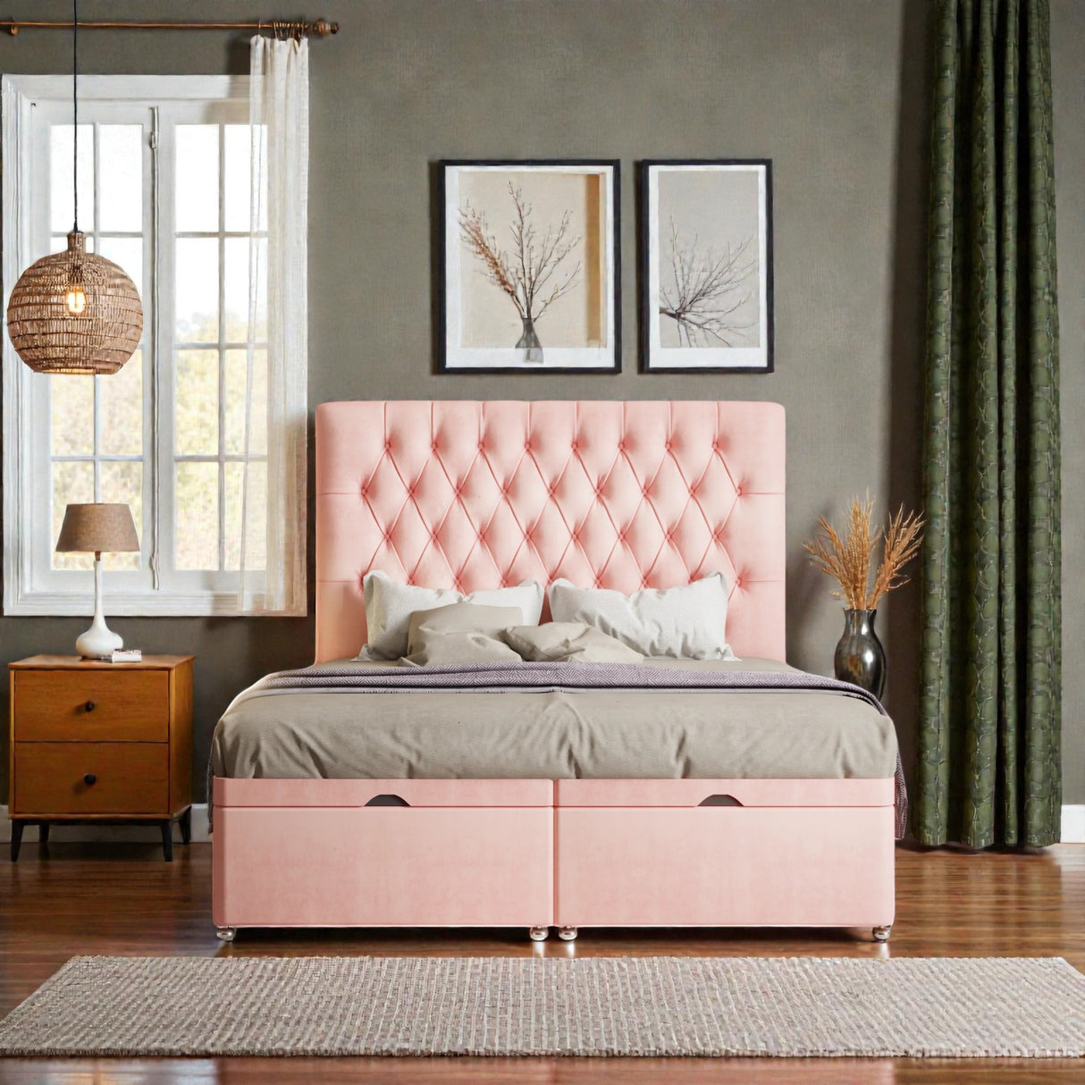 Isabella Ottoman Storage Divan Bed Set with upholstered fabric and built-in storage drawers, featuring a plush headboard.