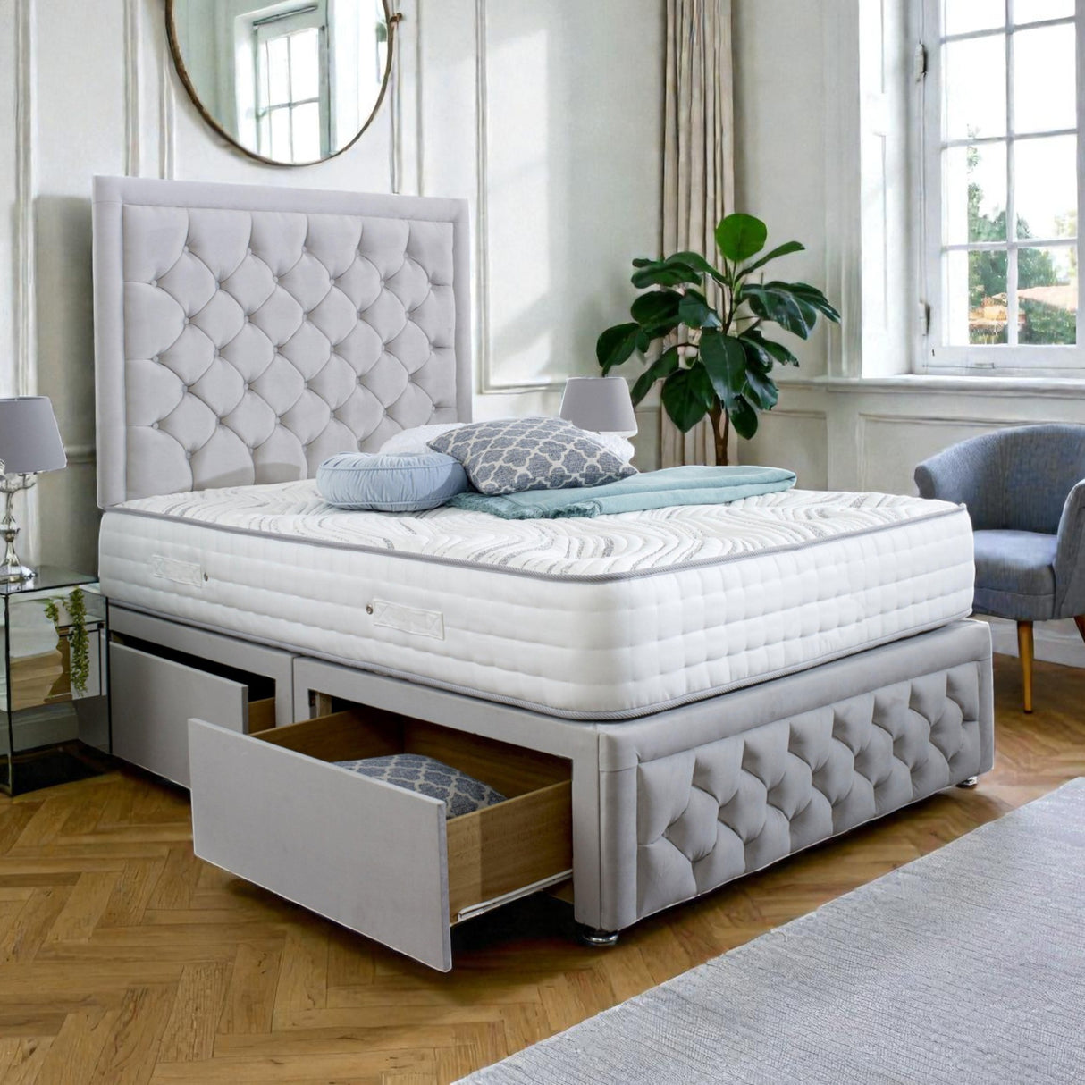 Jamie divan bed set with tall button-tufted headboard and footboard, showcasing a stylish and modern bedroom furniture piece.