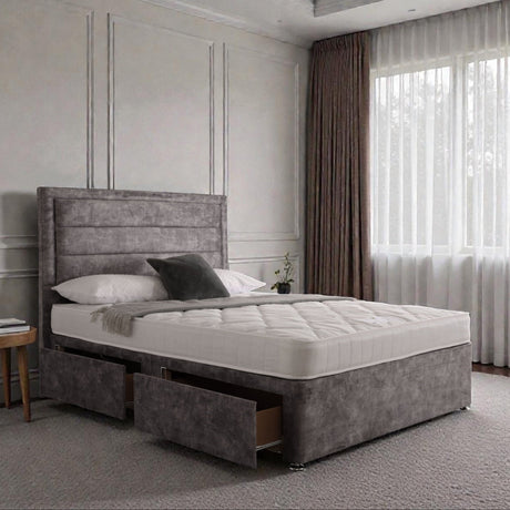 Sofia divan bed set with border headboard in a modern bedroom, featuring a plush upholstered design and sturdy wooden frame.