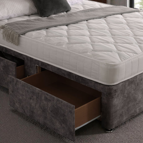 Sofia divan bed set with border headboard featuring a modern design and neutral fabric upholstery, shown in Jasmine color.