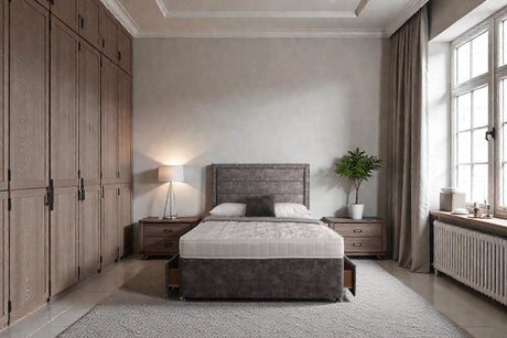 Sofia divan bed set with border headboard featuring a stylish fabric design, shown in a modern bedroom setting.