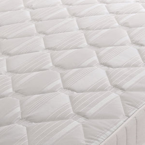 Essentials Jasmine Sprung Mattress with plush fabric cover, showing the mattress surface and side view for comfortable sleep support.