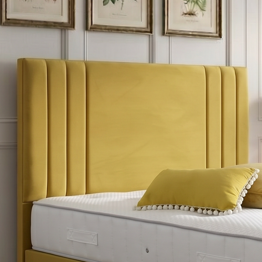 Kylie divan bed set with tall button-tufted headboard and matching footboard, featuring a sleek and modern design.