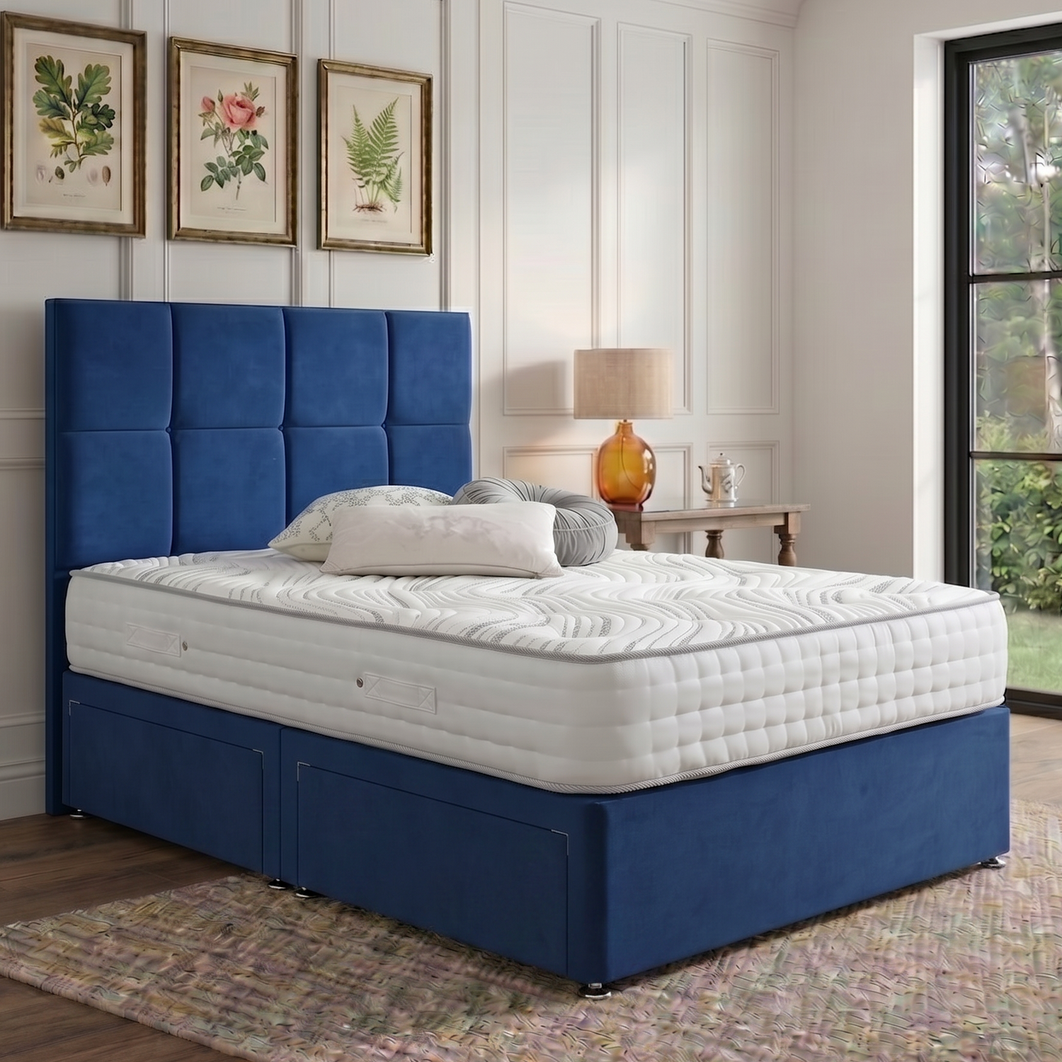 Lisbon divan bed set with button-tufted headboard, featuring a sleek, modern design and plush fabric upholstery.