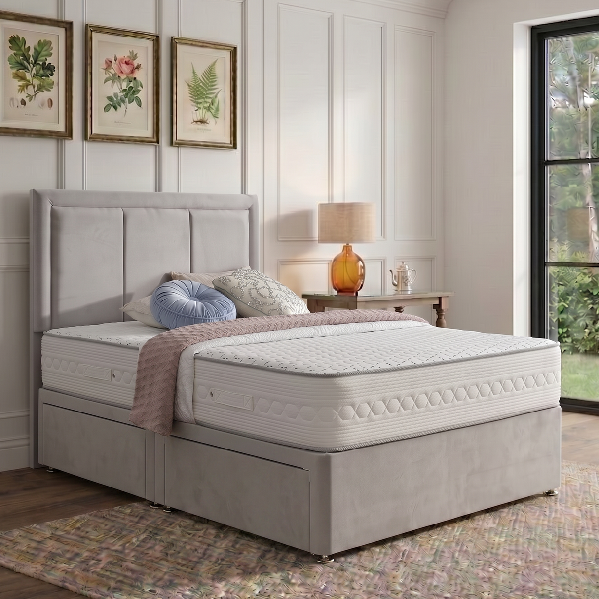 Lyon divan bed set with a stylish border headboard, featuring a modern design and plush upholstery for bedroom comfort.