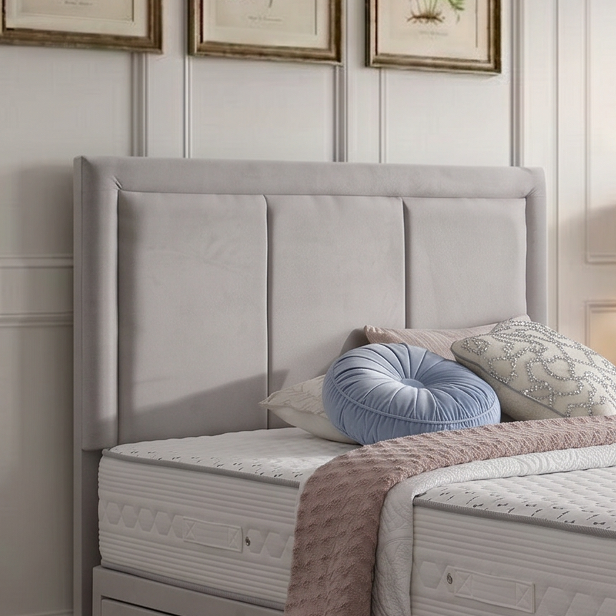 Lyon divan bed set with border headboard in neutral fabric, showcasing a close-up of the stylish, padded headboard design.